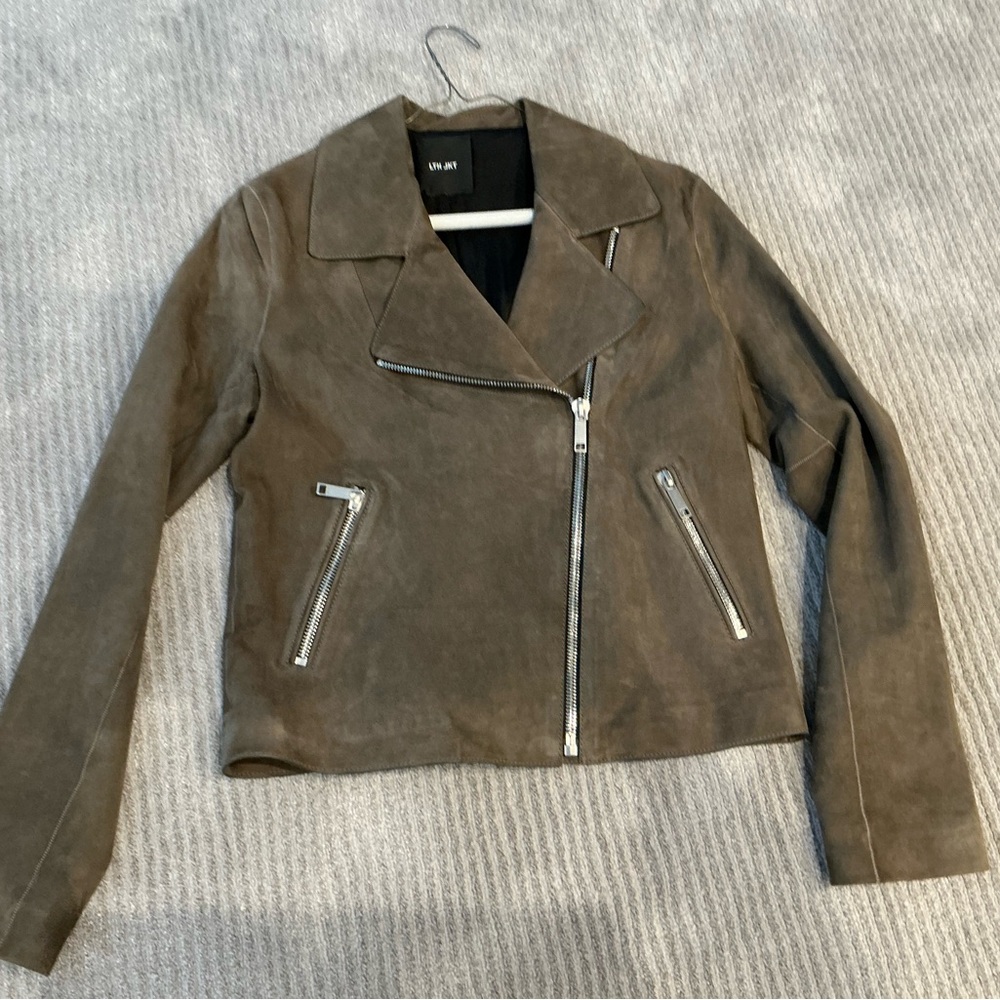 Stylish Women's Suede Leather Jacket - dark olive